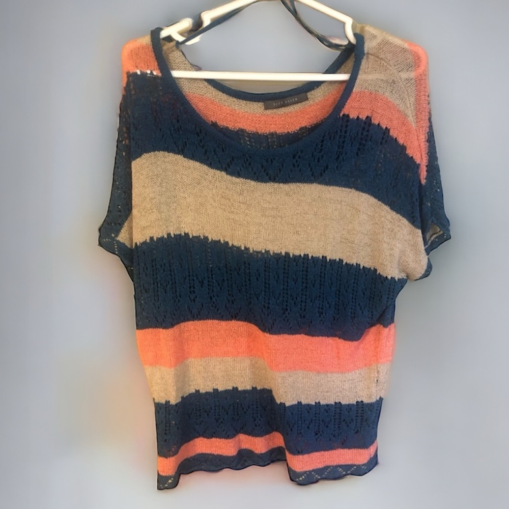 Suzy Shier Striped Open Knit Short Sleeve Blouse Top Medium
